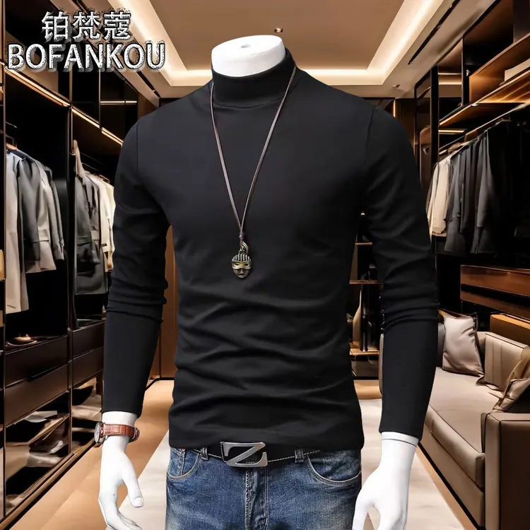 【铂梵蔻】打底衫新款德绒半高领上衣秋冬休闲2024纯色男士修身长袖