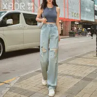 浅蓝色高腰破洞阔腿牛仔裤女直筒宽松垂感2025年秋季新款带钻长裤