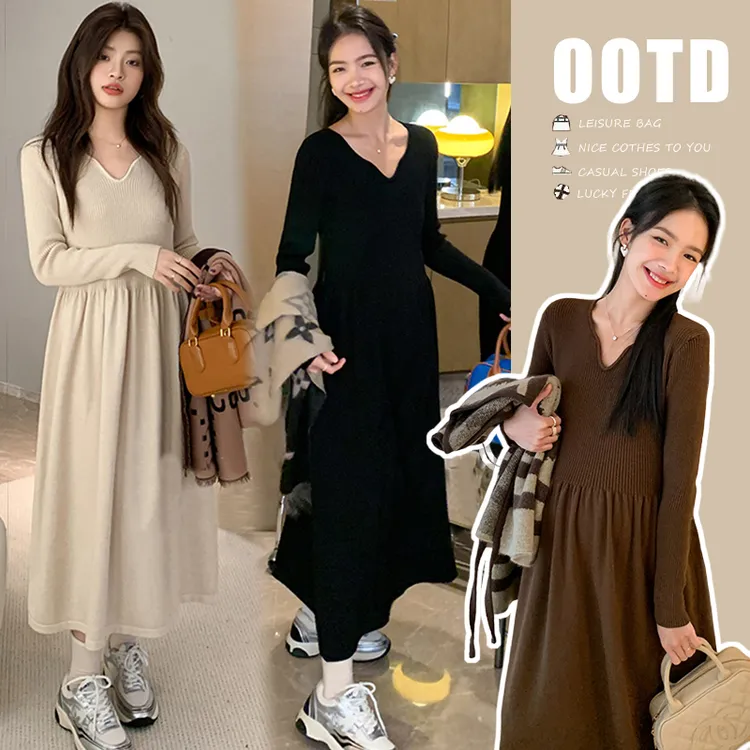 加厚孕妇韩版简约百搭针织连衣裙秋冬新款显瘦毛衣孕妇长裙