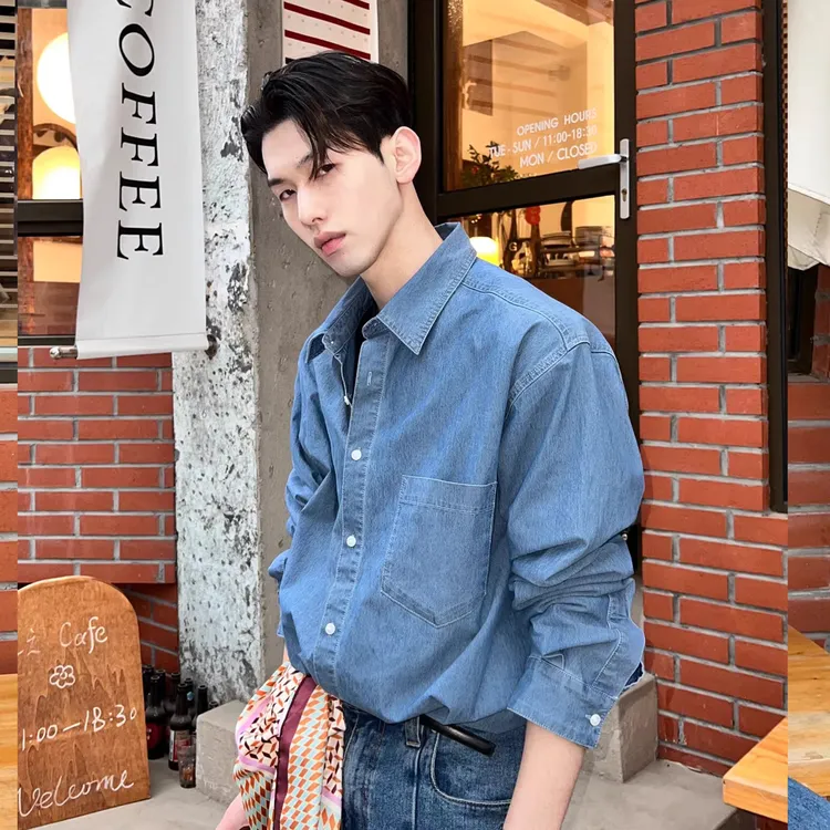 高级感水洗牛仔衬衫男士长袖韩版chic早春外套休闲宽松雅痞衬衣潮