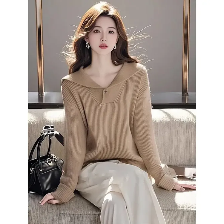 秋季女款韩系穿搭套头毛衣超好看温柔独特卡其色长袖针织衫上衣女