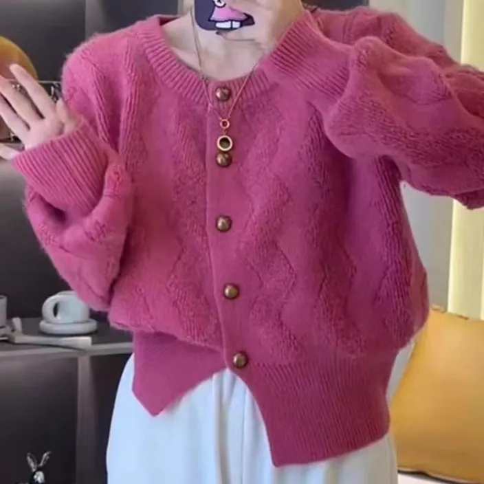 韩版单排扣浮雕花纹毛衣开衫女秋冬小香风气质时尚针织上衣0806