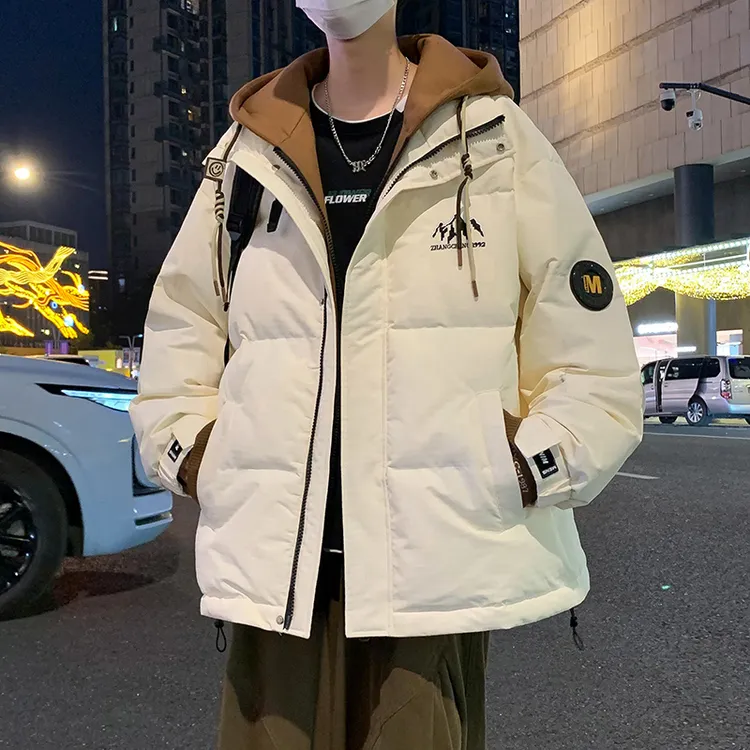 男冬季加厚2025新款白鸭绒外套男连帽青少年保暖品质假两件羽绒服