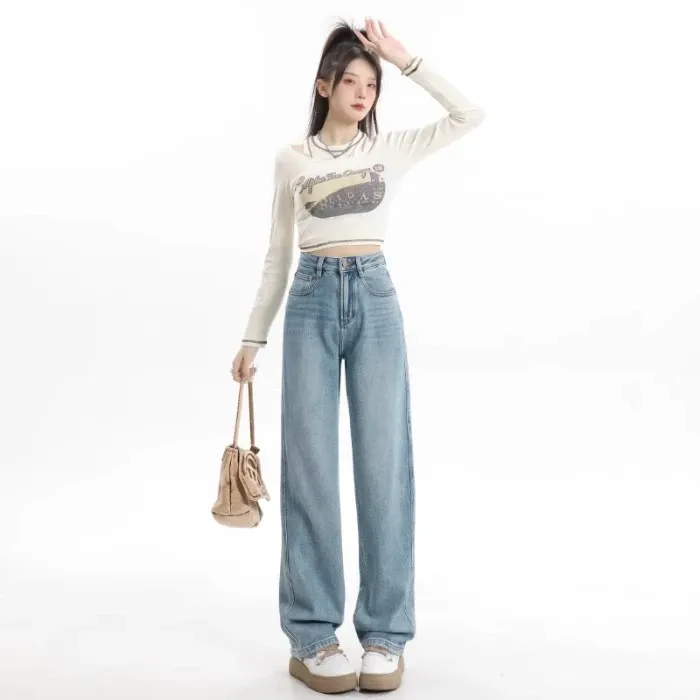 浅色高腰窄版阔腿牛仔裤女2025春季新款宽松显瘦小个子垂感直筒裤