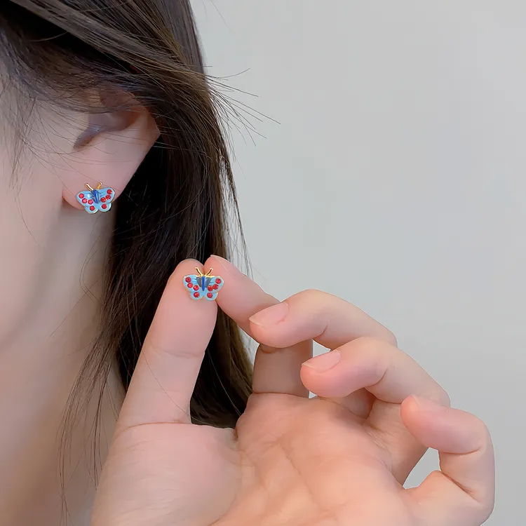 铜合金耳饰 小蝴蝶滴釉彩绘耳钉女小巧精致迷你耳环2025新款耳饰