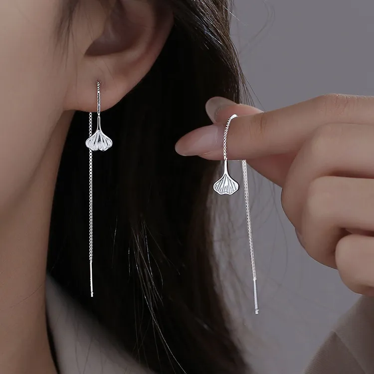 925银针银杏叶耳饰女冷淡风简约气质高级感耳坠流苏长款耳线耳饰