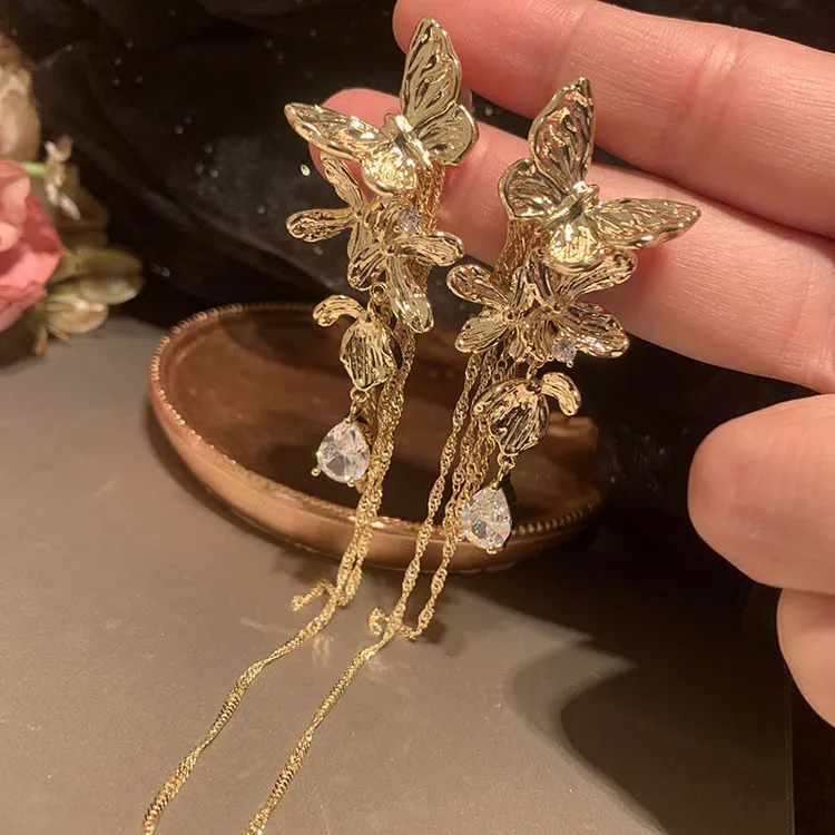 925银针2025新款两戴式浪漫蝴蝶花朵耳环女轻奢流苏长款耳环耳饰