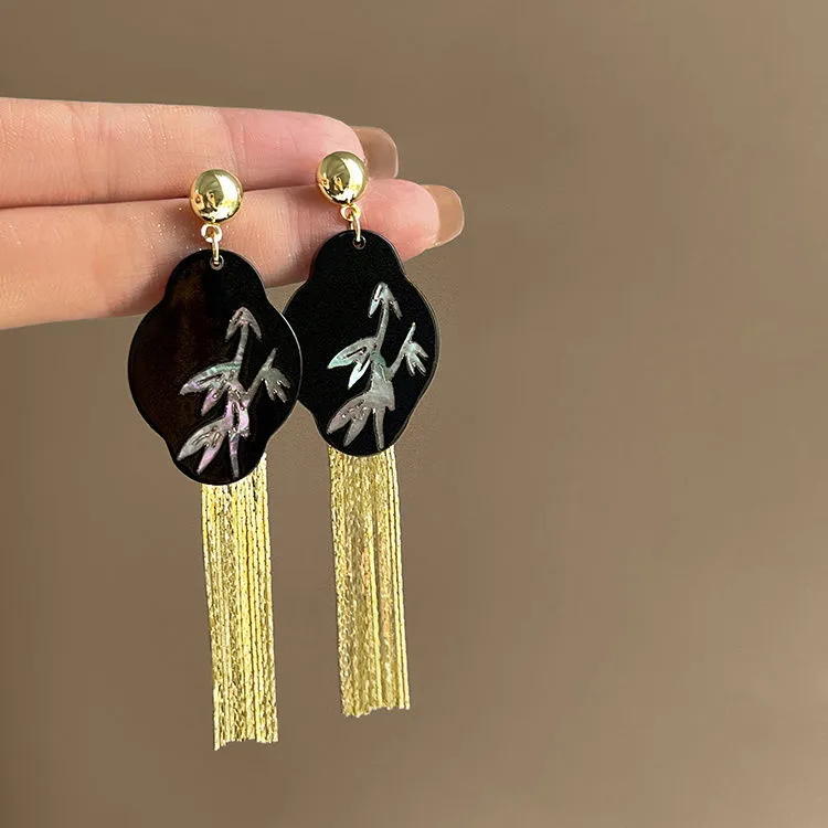 925银针月下竹影新中式金属流苏耳环小众高级感复古气质黑色耳饰