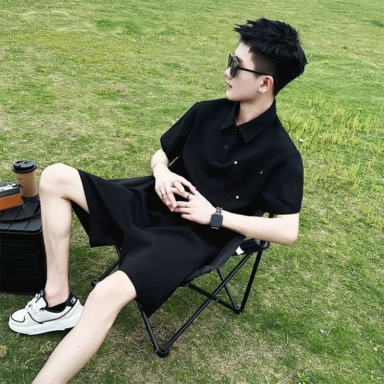 男士大码短袖POLO衫套装休闲纯色休闲宽松夏季男装搭配一套痞帅气