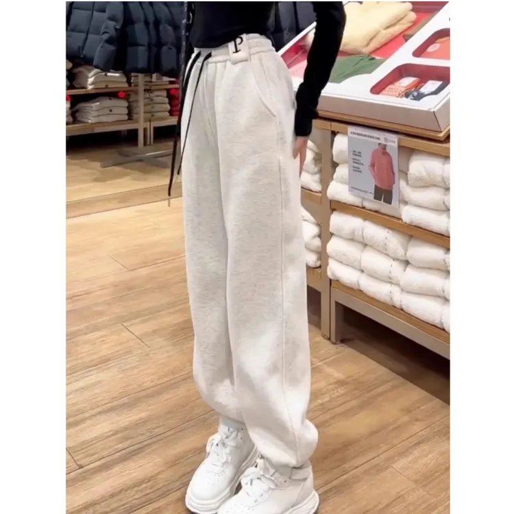 小个子花灰色P字母束脚哈伦运动加绒休闲运动卫裤女2024秋冬新款