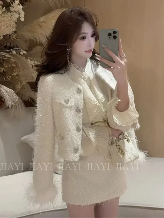 【JIAYI】人间苏妲己 名媛风爱心钻扣洋气显瘦小香两件套