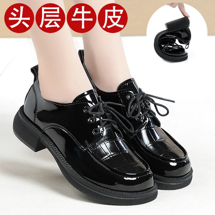全牛皮真皮单鞋女低跟粗跟春秋秋季舒适百搭英伦风乐福鞋漆皮学生