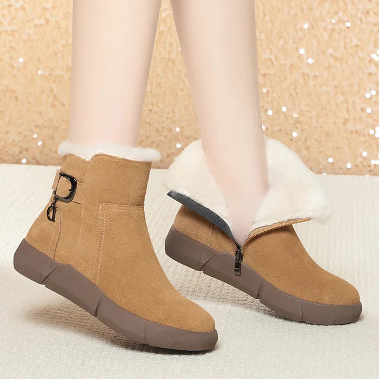 百搭加绒短靴加厚平底保暖冬季雪地靴中老年妈妈鞋学生厚底防滑