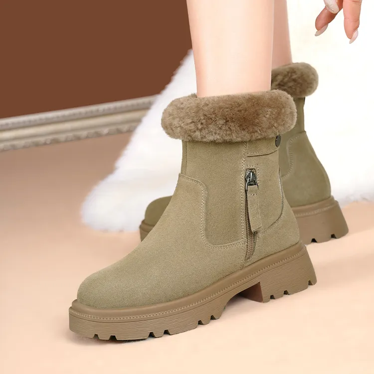 新款雪地靴女鞋时尚厚底加绒靴子短靴百搭加厚底高跟中筒冬季