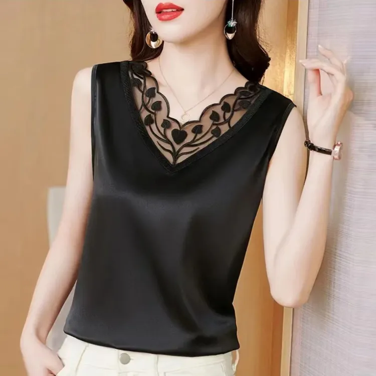 洋气百搭黑蕾丝V领缎面吊带背心内搭女春夏宽松显瘦大码无袖上衣