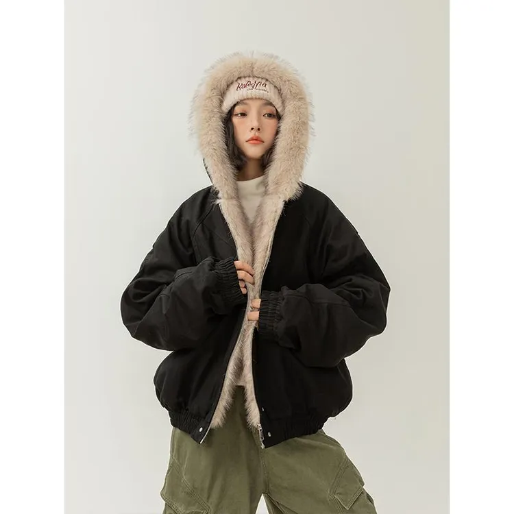 座山雕毛领棉服外套女冬季加绒加厚短款小个子连帽工装棉衣派克服