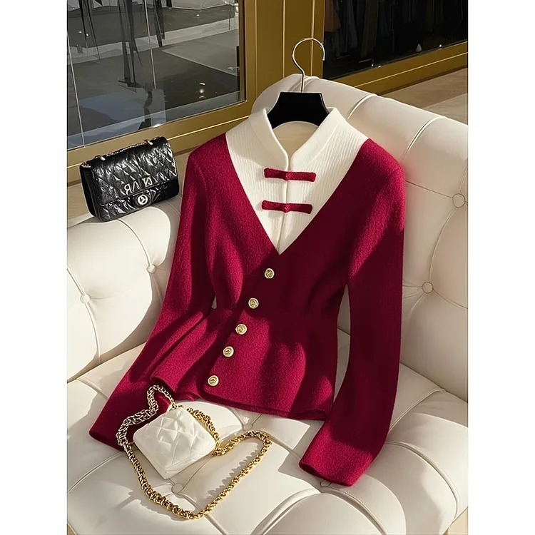 2024年冬季超好看气质小香风针织上衣新中式国风红色假两件毛衣女