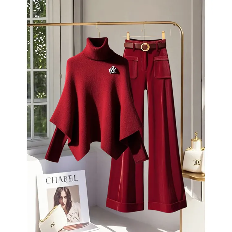 新款秋冬高级感安可拉红色针织衫圣诞氛围感穿搭休闲裤子两件套女