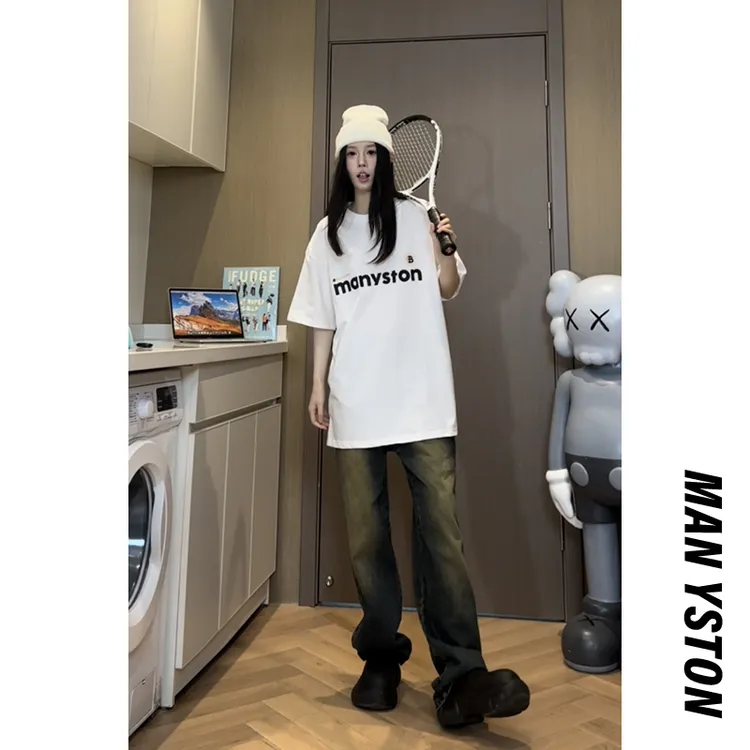 短袖小众280g印花t恤衣服美式复古纯棉宽松百搭ins设计感韩版圆领