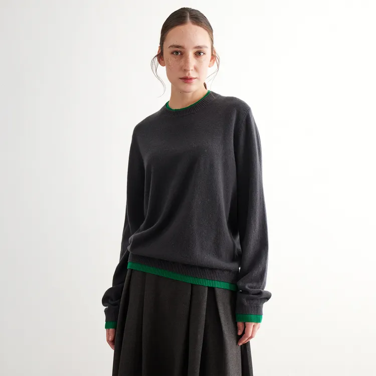 NOEND100%羊毛撞色针织衫 柔软亲肤秋冬打底衫 宽松休闲圆领毛衣 