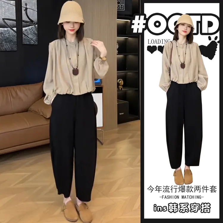 温柔系炸街奶乖套装女春秋新款时尚长袖上衣高腰显瘦休闲裤两件套