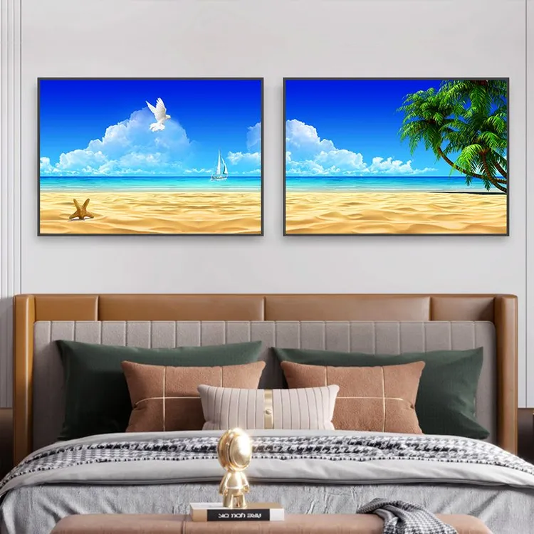 卧室床头装饰画现代简约温馨宾馆房间墙壁画两联主卧海景山水挂画