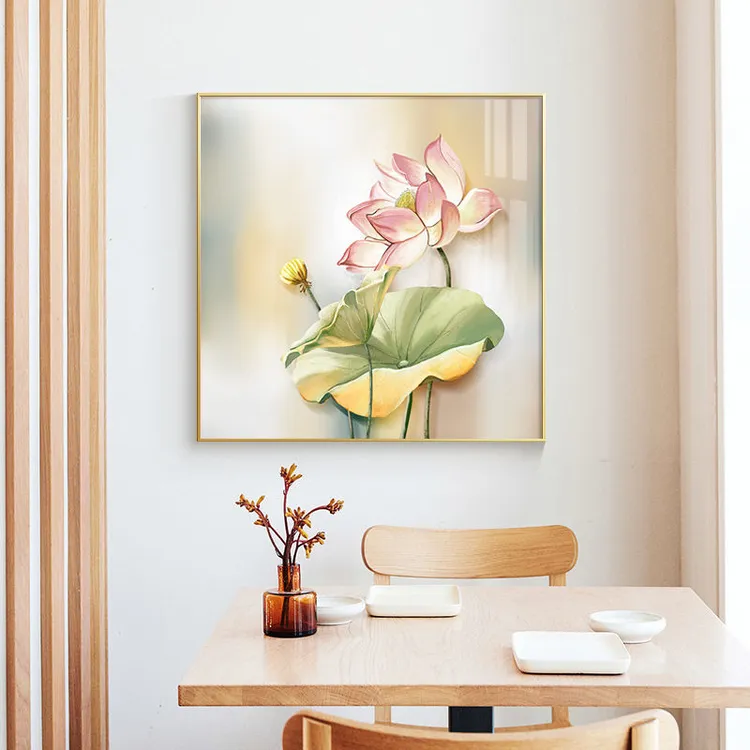 荷花客厅装饰画现代轻奢沙发背景墙挂画餐厅卧室正方形玄关壁画