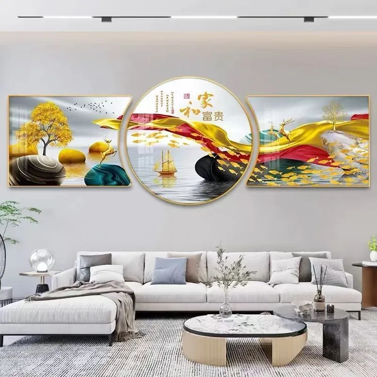 新客厅装饰画沙发背景墙壁画山水画挂画新中式现代简约晶瓷三联画