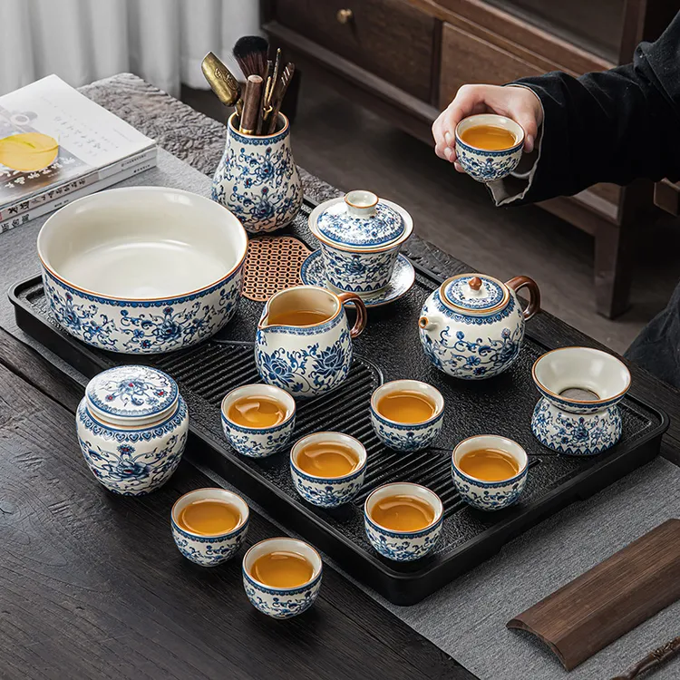青花汝窑茶具套装2025新款家用泡茶轻奢复古高档功夫茶杯茶壶盖碗