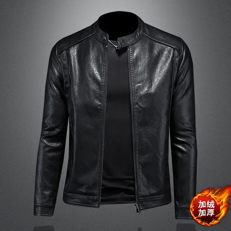 加绒立领机车皮衣男士帅气冬季新款潮流时尚修身韩版保暖加厚外套