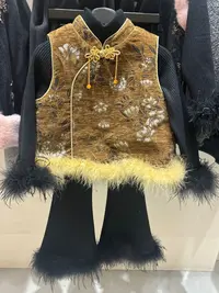 现货【BA黎-341】女童新中式姜黄色亮片提花马甲&加绒毛边喇叭裤