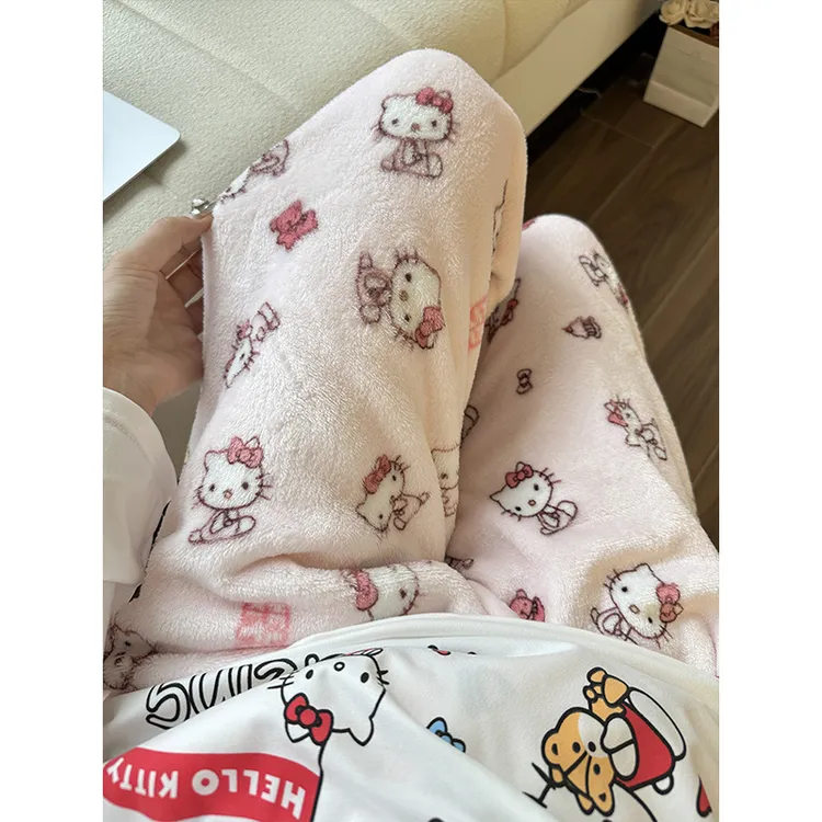 卡通KT猫法兰绒睡裤女秋冬款新款珊瑚绒加厚加绒保暖休闲居家长裤