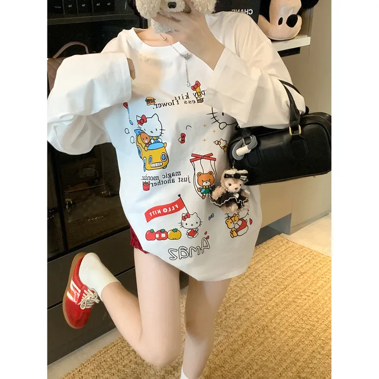 白色可爱kitty圆领长袖T恤女秋季新款打底衫睡衣宽松套头休闲上衣