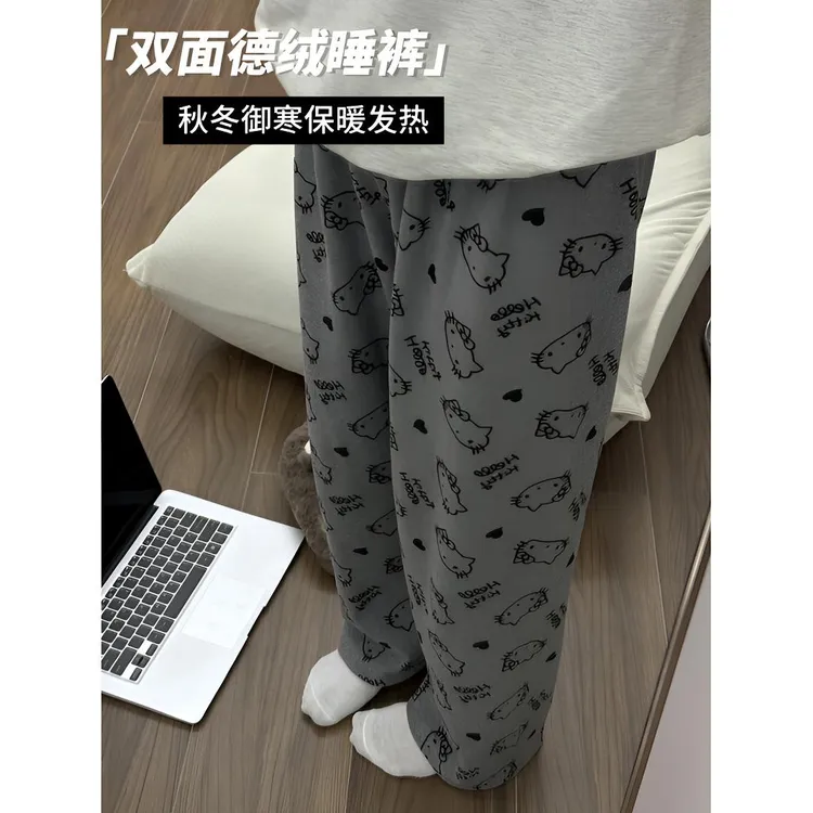 休闲睡裤女长裤春秋季冬款德绒保暖可爱卡通可外穿宽松居家遛弯裤