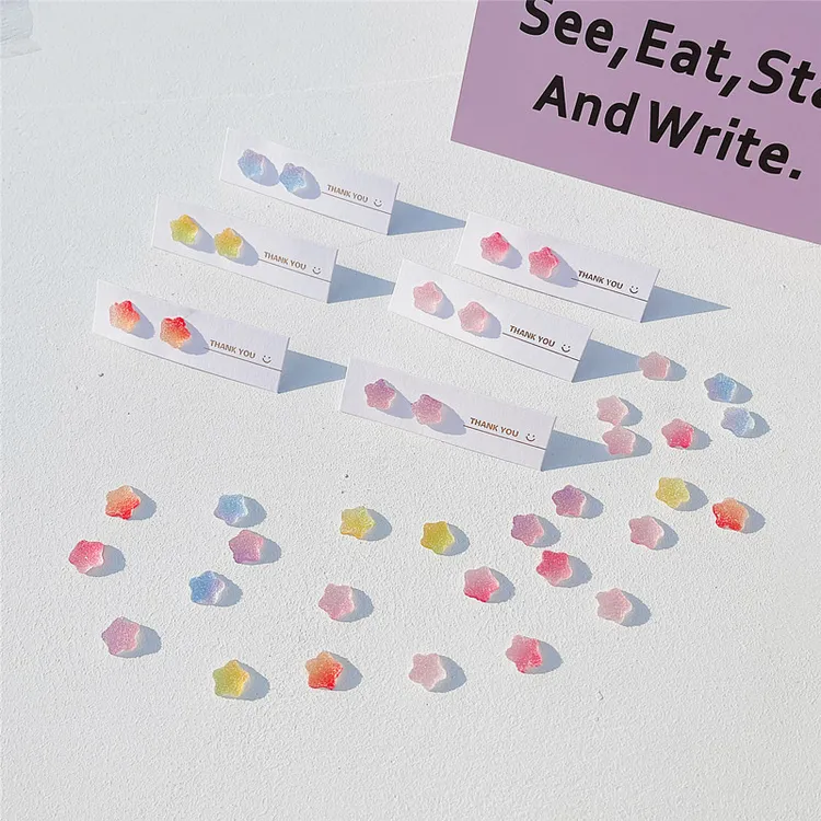 非金属树脂耳饰 925针qq糖五角星耳钉少女心甜美炫彩渐变简约可爱