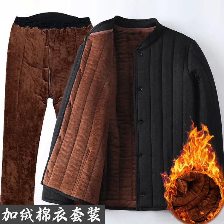 爸爸冬装棉衣棉裤套装中老年人居家服睡衣加绒加厚老人棉袄两件套