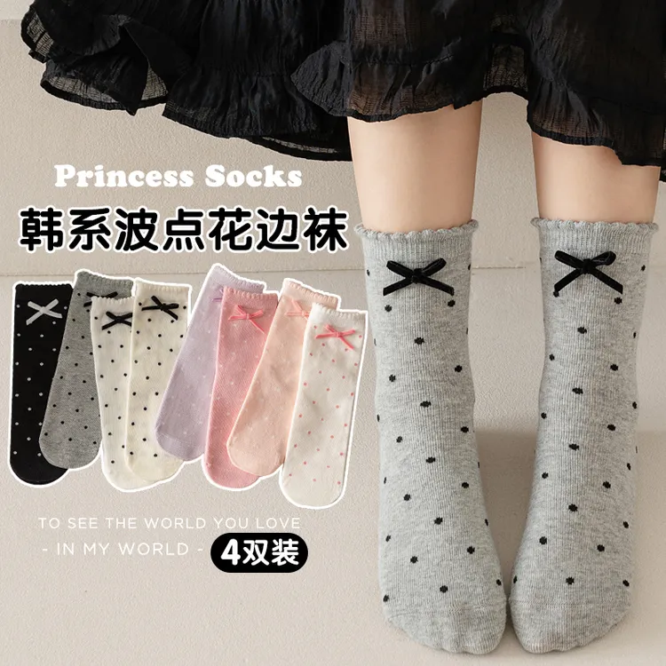 女童袜子春秋女孩韩版ins甜美洛丽塔公主袜棉儿童蝴蝶结中筒袜