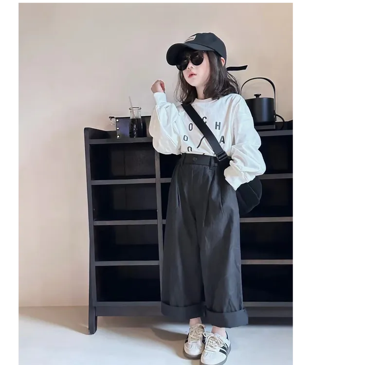 韩国童装春秋初秋新款韩版男女童宽版休闲字母T恤长裤卫衣中性款