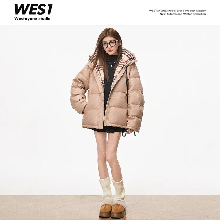 WESTAYONE冬季新款连帽毛呢格纹拼接羽绒外套