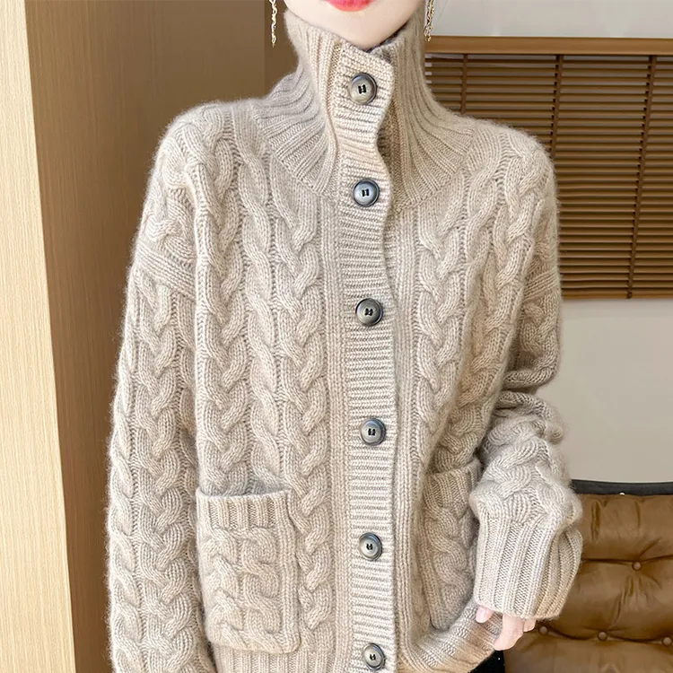 重工加厚大麻花羊毛衫女士高领重磅慵懒风绞花外套开衫秋冬HM227