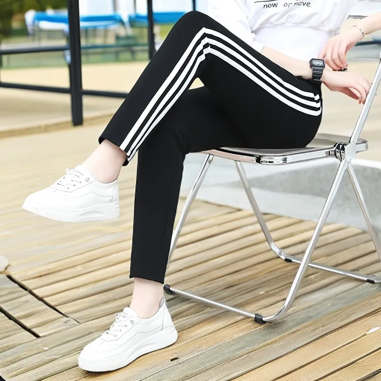 侧边三条高棉质女裤直筒女士春秋款休闲透气运动长裤三叶运动裤女