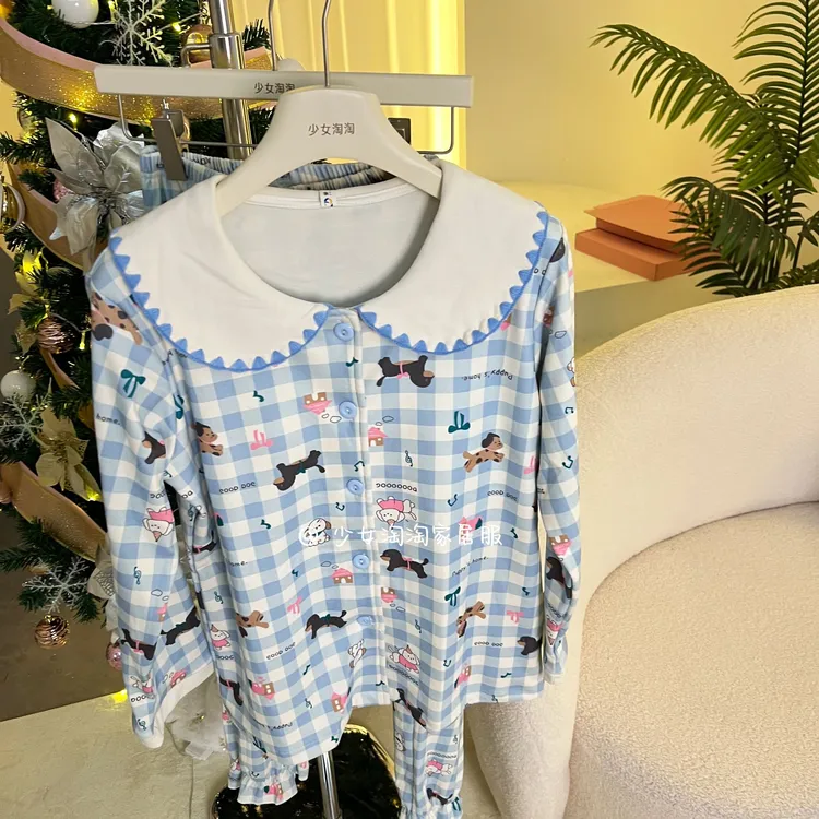 【小狗乖乖】卡通格子双面德绒睡衣女款娃娃领长袖冬季保暖家居服