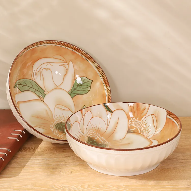 山茶花9英寸加厚釉下彩陶瓷浮雕大汤碗（2只装）