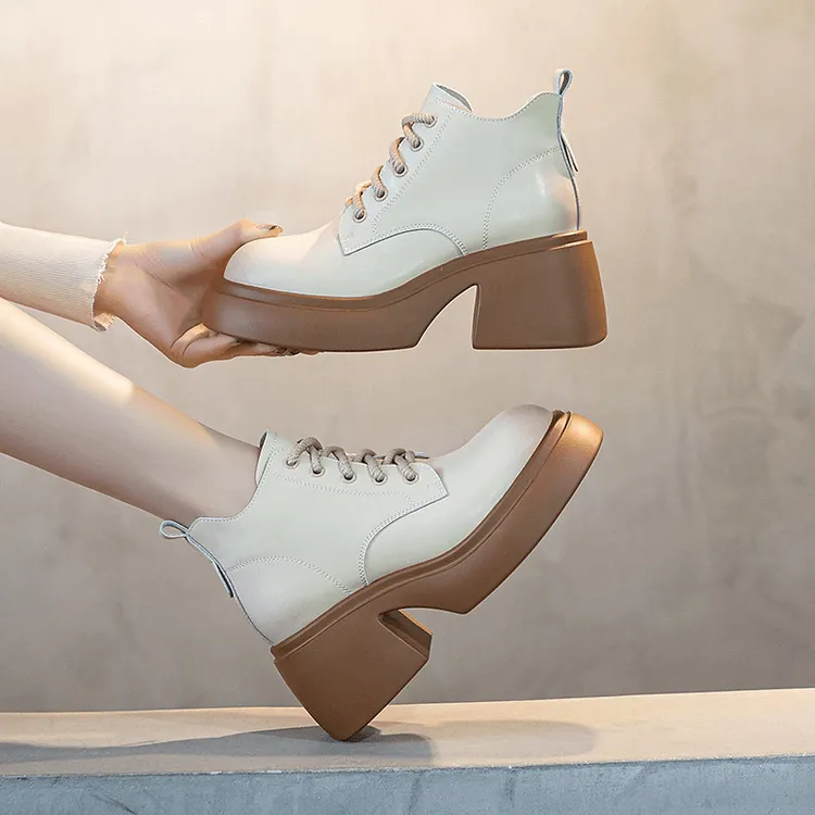 真皮女鞋秋季时尚松糕鞋老爹鞋女靴短靴松糕鞋厚底高帮鞋