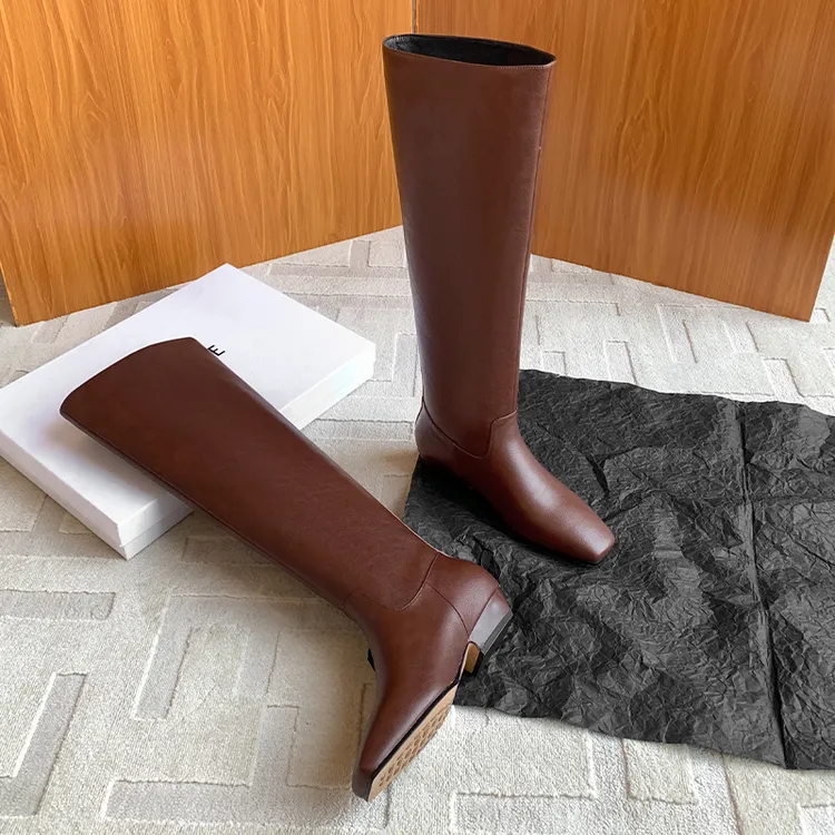 跟高3cm/34-40时装靴 2024年秋季时尚粗跟拼接纯色骑士靴高筒真皮