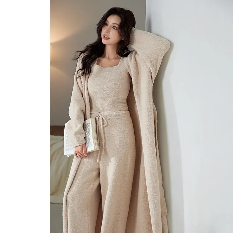 半边绒睡衣女2025秋冬季长款可外穿显瘦家居服三件套装睡袍
