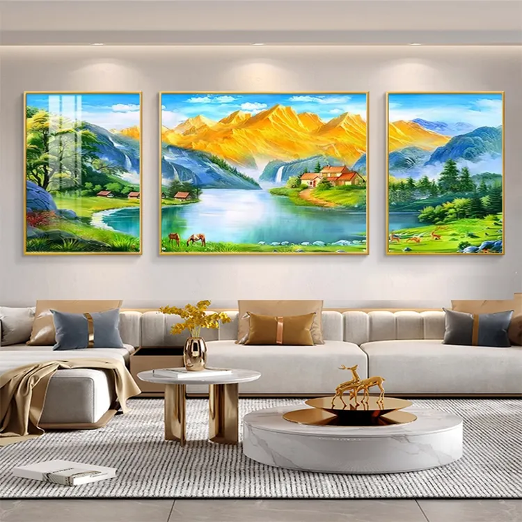聚宝盆山水画客厅挂画沙发背景墙装饰画风景简约风水靠山三联壁画