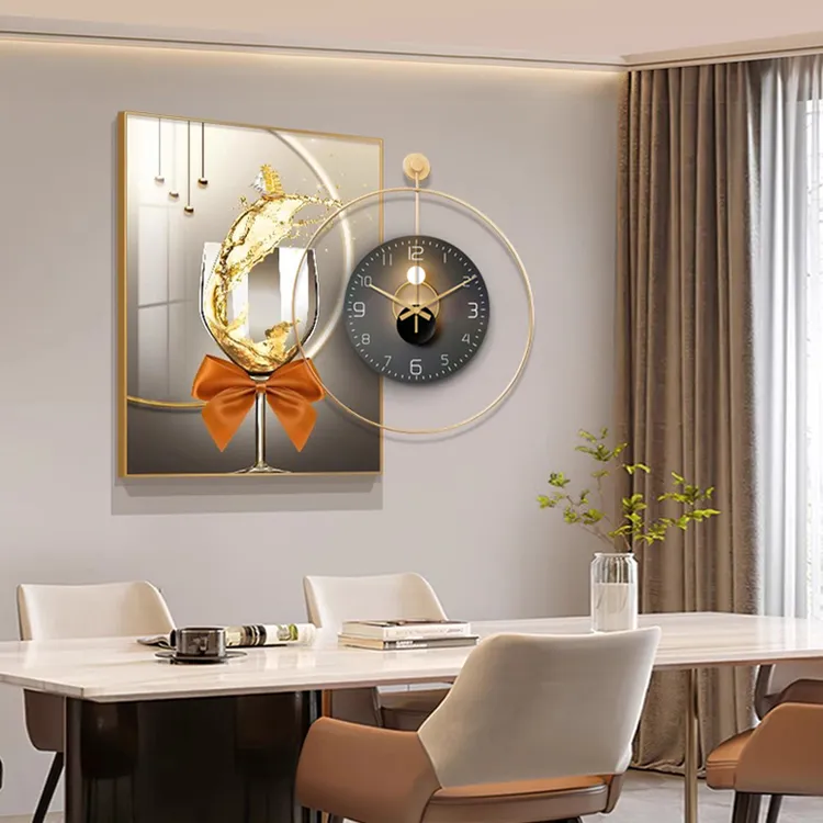 轻奢酒杯餐厅装饰画高档饭厅背景墙挂画创意挂钟时钟简约现代钟表
