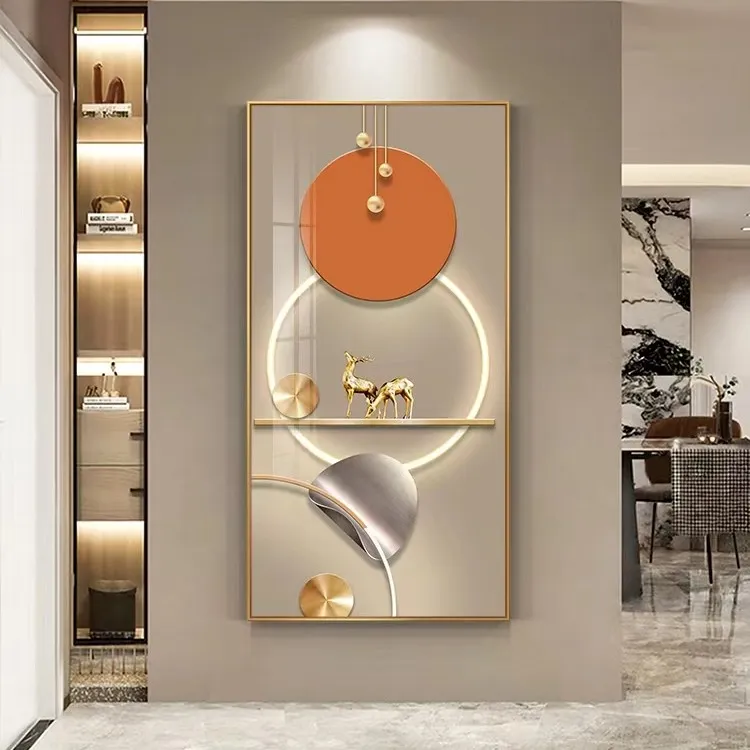 入户玄关装饰画现代简约走廊过道竖版壁画轻奢感抽象几何麋鹿挂画