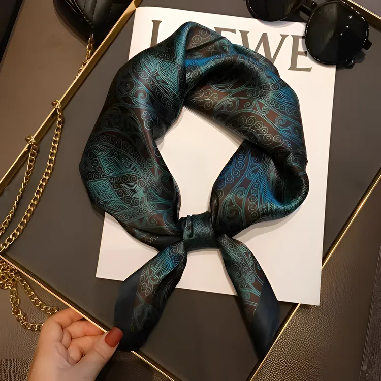 春秋保暖法式碎花小方巾洋气时髦蓝色丝巾女百搭时尚印花气质领巾
